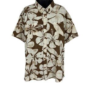 Quiksilver Waterman Men Hawaiian Floral Button Shirt Extra Large Brown Hibiscus